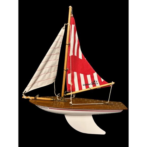 VTG Bermuda Storm Wooden Sailboat Model Bosun Boats Red White Sails Nautical Dec - Picture 1 of 7